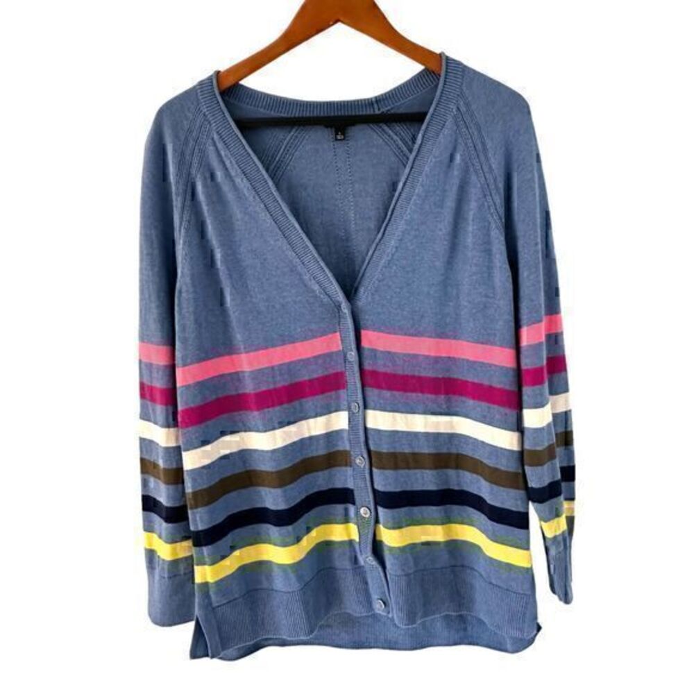 Talbots Womens Blue and Colored Stripe V-Neck Button Up Cardigan Size L‎